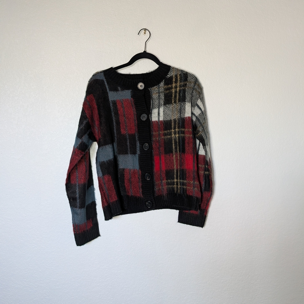 Tru Luxe Jeans Plaid Mixed-Color Button-Up Sweater Cardigan